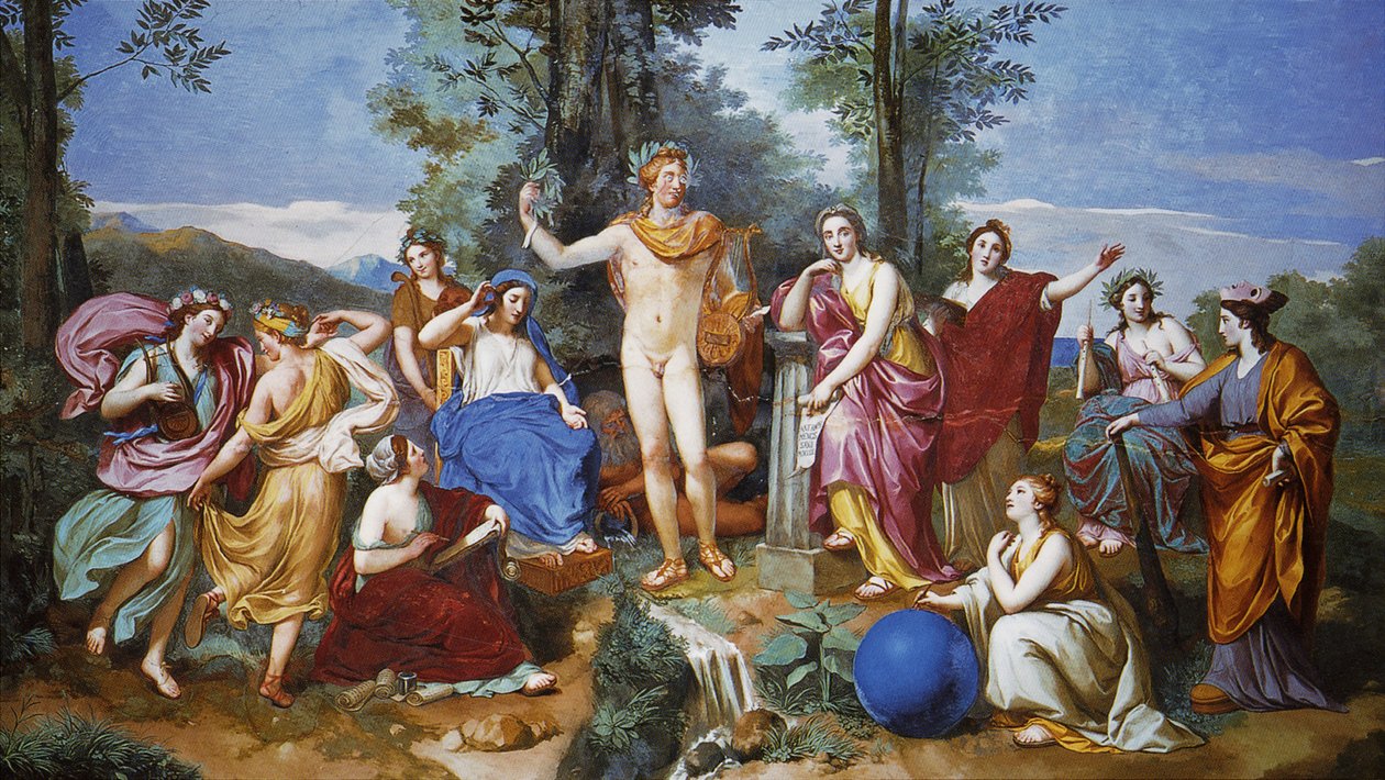 Apollo, Mnemosyne i dziewięć muz autorstwa Anton Raphael Mengs