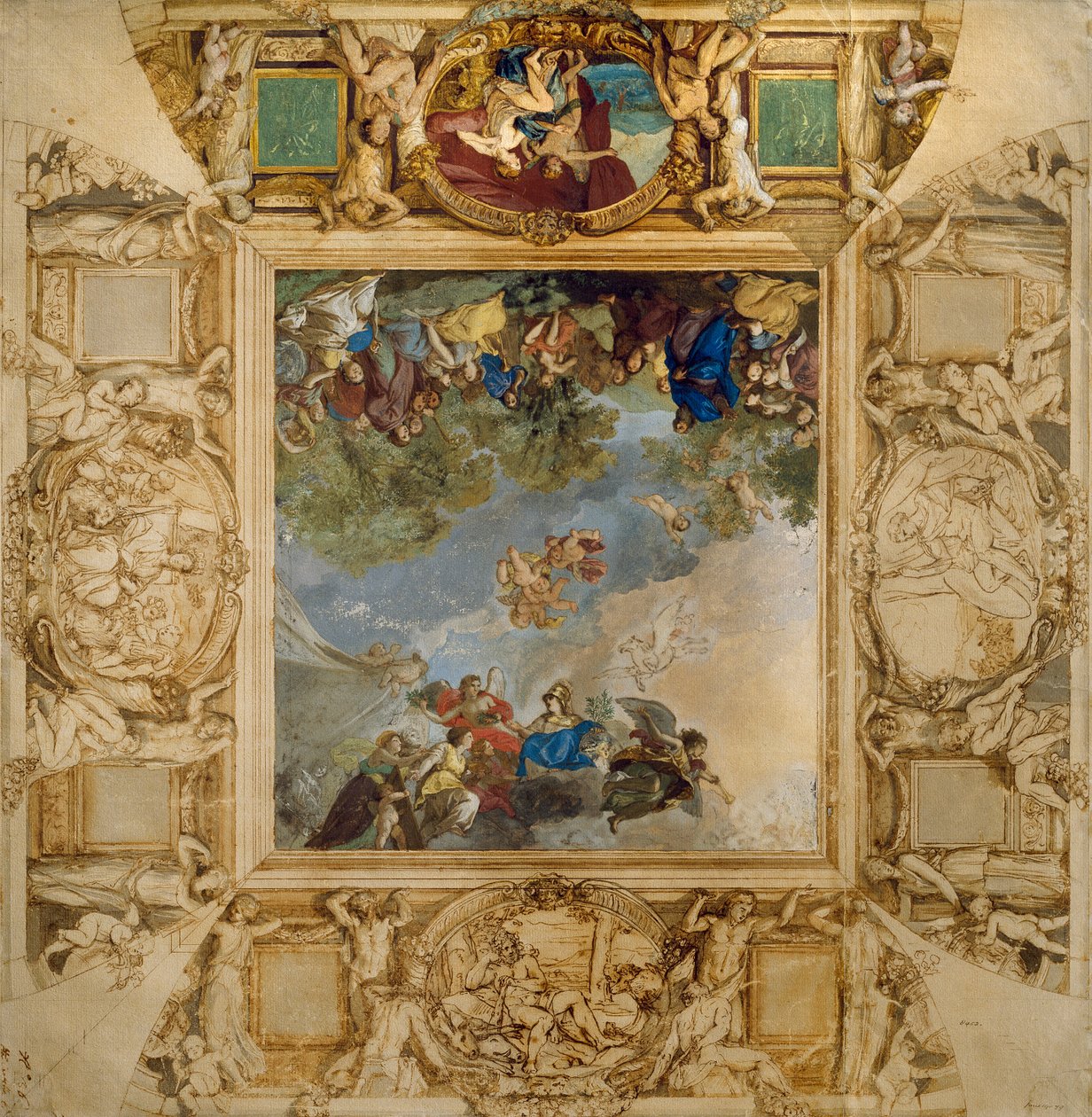 Apollo i Atena nagradzają Talenty i Minerwę otoczone kariatydami i medalionami przedstawiającymi Marsa, Wenus, Herkulesa i Kybele, autorstwa Antona Raphaela Mengsa autorstwa Anton Raphael Mengs