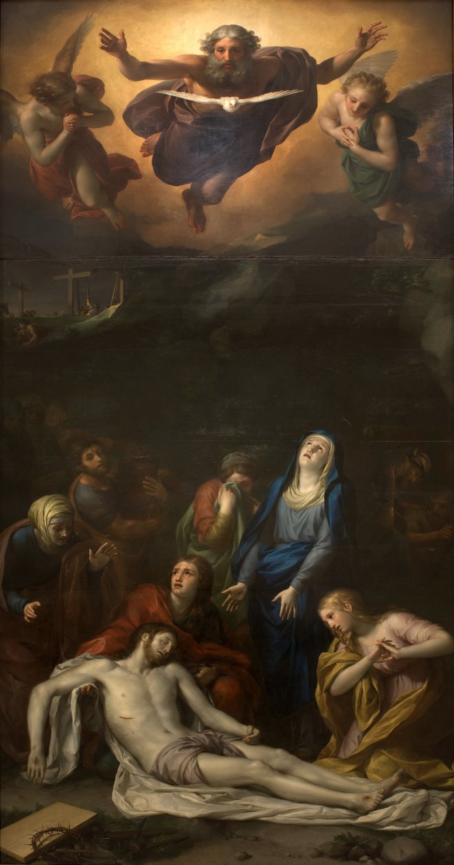Zstąpienie z Krzyża - Wśród postaci przedstawionych wokół ciała Jezusa Chrystusa: św. Józef z Arymatei, św. Nikodem, św. Maria Magdalena, św. autorstwa Anton Raphael Mengs