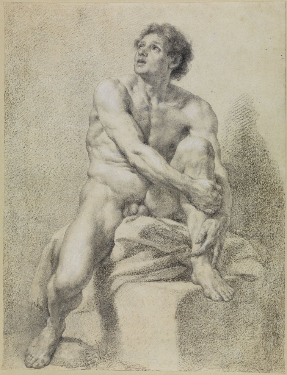 Siedzący akt męski, ujęty mniej więcej z przodu, z lewą nogą uniesioną i podtrzymywaną obiema rękami autorstwa Anton Raphael Mengs