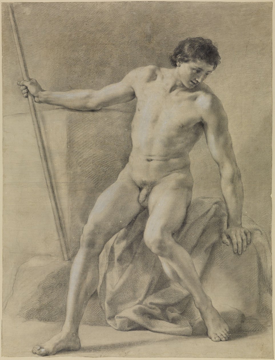Siedzący akt męski, niemal frontalnie, laska w prawej ręce, spoglądający w dół autorstwa Anton Raphael Mengs