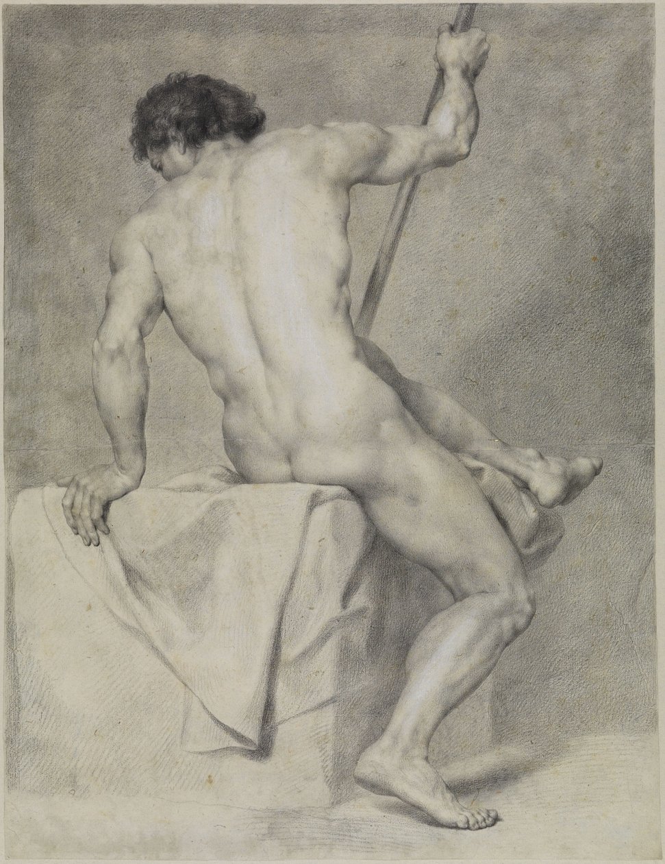 Siedzący akt męski widziany od tyłu, opierający się lewą ręką, a prawą trzymający laskę autorstwa Anton Raphael Mengs