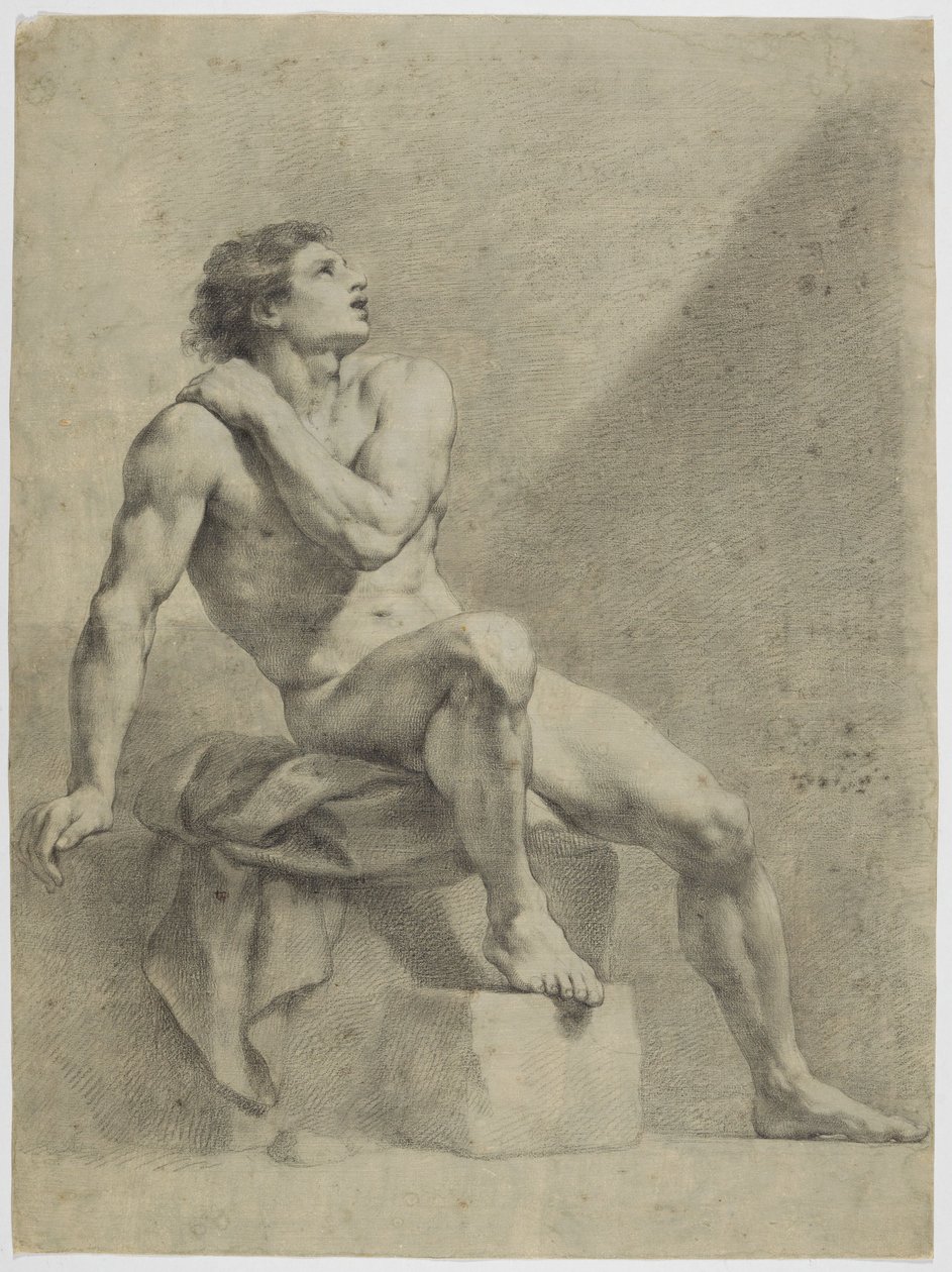 Siedzący akt męski, skierowany ukośnie w prawo, spoglądający w górę autorstwa Anton Raphael Mengs
