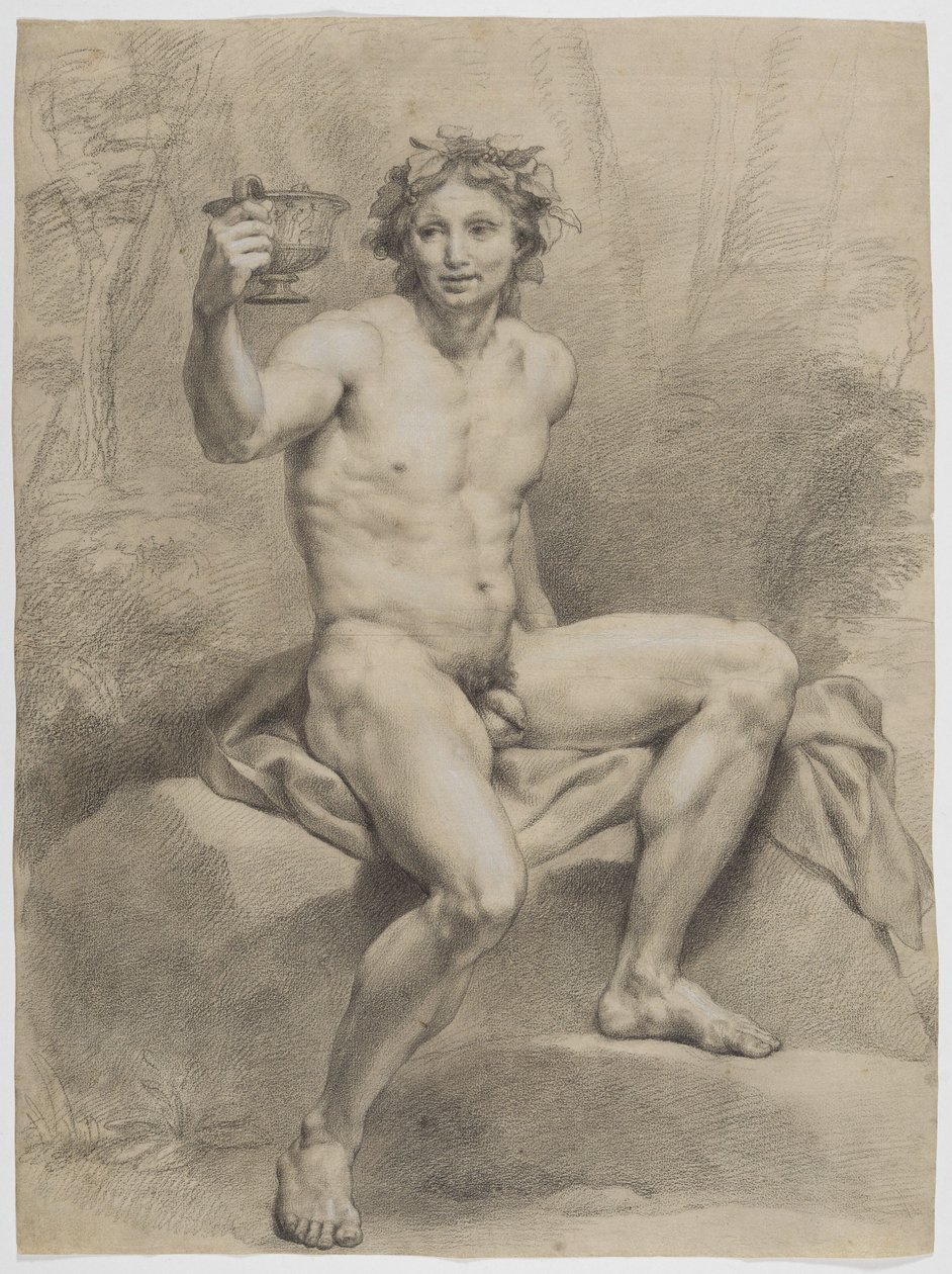 Siedzący akt męski, zwrócony ukośnie w prawo, z wieńcem z liści winorośli i miską do picia w prawej ręce autorstwa Anton Raphael Mengs