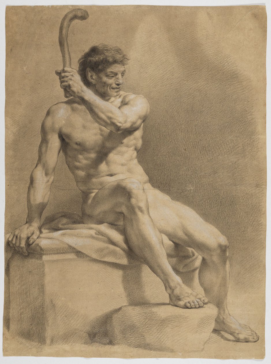 Siedzący akt męski, ukośnie zwrócony w prawo, unoszący lewą ręką małą maczugę autorstwa Anton Raphael Mengs