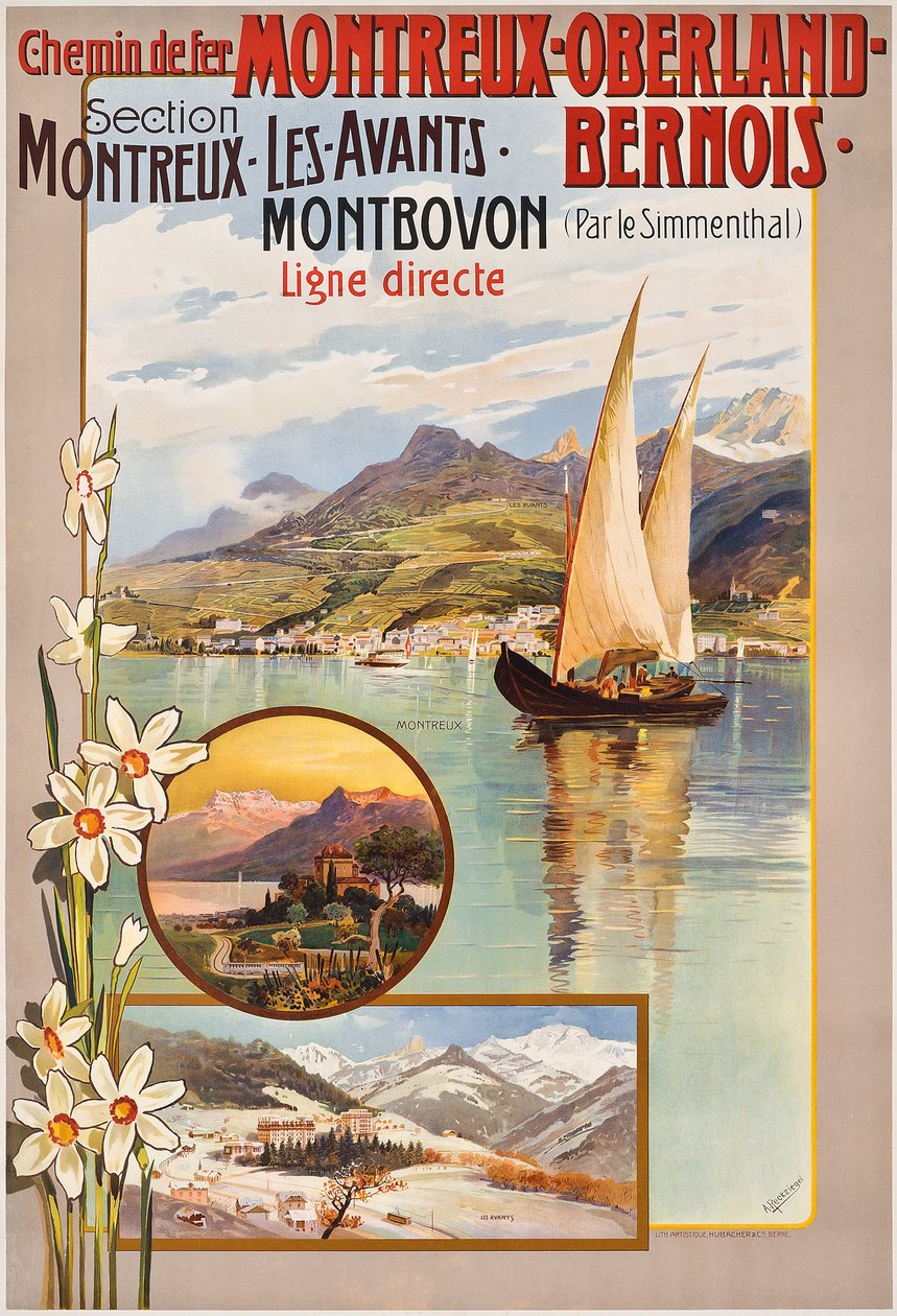 Plakat reklamujący podróże koleją Montreux-Oberland-Bernois, ok. 1930 r. 1910 (kolor lito) autorstwa Anton Reckziegel