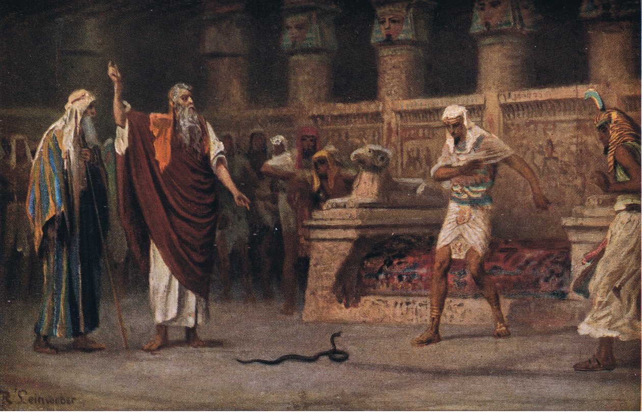 Mojżesz i Aaron przed faraonem, z Hulberts Story of the Bible wydanej przez The John Winston Company, 1932 autorstwa Anton Robert Leinweber