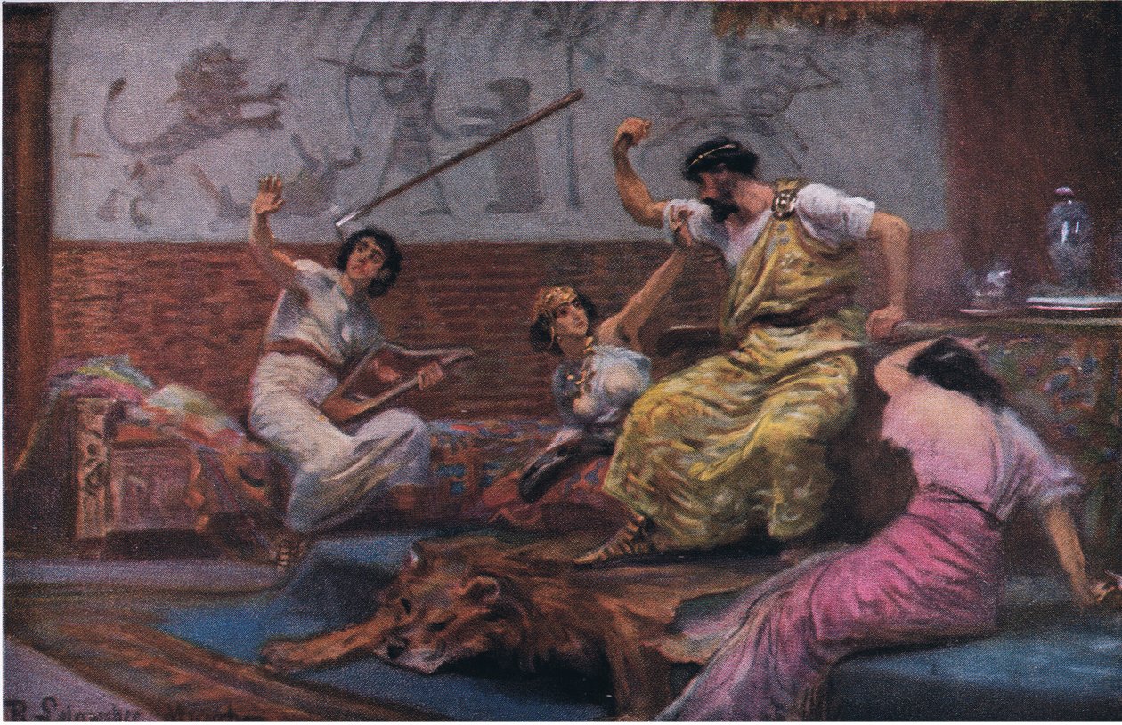 Saul rzuca oszczepem w Dawida, z Hulberts Story of the Bible wydanej przez The John Winston Company, 1932 autorstwa Anton Robert Leinweber