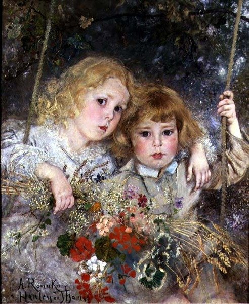 Portret Ernesta i Beatrice Makins na huśtawce (panel) autorstwa Anton Romako