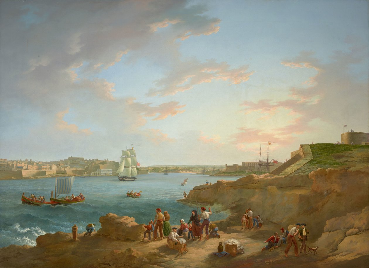 Przypisywany Antonowi Schranzowi (1769-1839) - Malta Harbour - RCIN 406555 - Royal Collection (odrestaurowany) autorstwa Anton Schranz