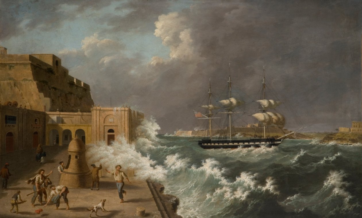 Scena portowa, Malta (olej na karcie) autorstwa Anton Schranz