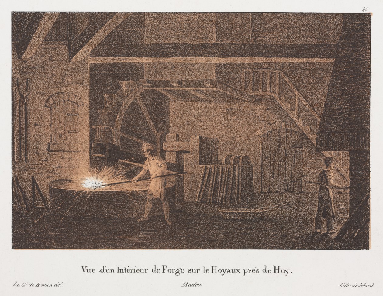 Wnętrze kuźni w pobliżu Huy, Belgia, rytowane przez Jean-Baptiste Jobarda (1792-1861) (litografia zabarwiona) autorstwa Anton de after Howen