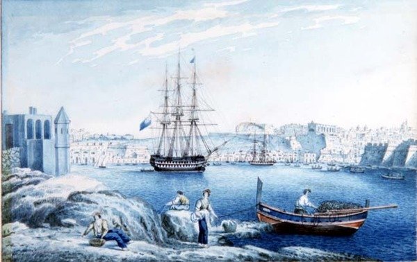 Malta: Widok na La Valletta z punktu w Corradino (akwarela) autorstwa Anton the Younger (circle) Schranz