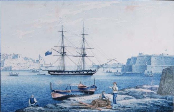 Malta: Widok na wejście do portu La Valletta z Isola Point (akwarela) autorstwa Anton the Younger (circle) Schranz