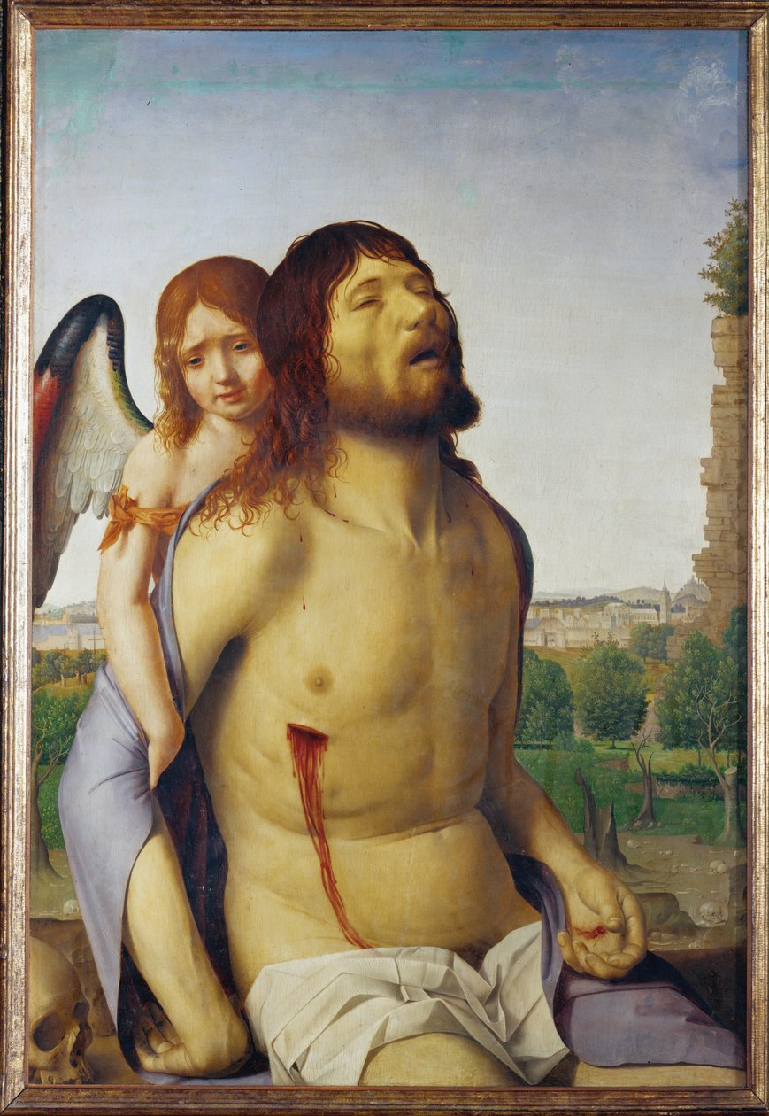 Martwy Chrystus podtrzymywany przez anioła (obraz na drewnie) autorstwa Antonello da Messina