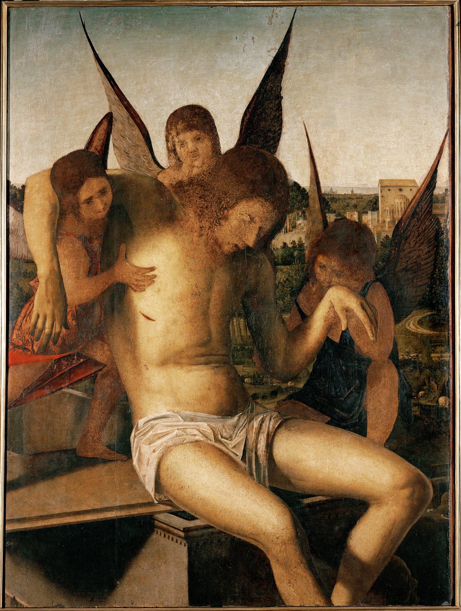 Pieta z trzema aniołami, ok. 1475 (olej na drewnie) autorstwa Antonello da Messina
