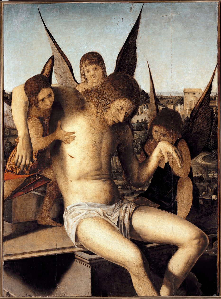 Pieta z trzema aniołami Zmarły chrystus podtrzymywany przez trzy anioły na grobie Obraz Antonello di Antonio dit Antonello da Messina (1430-1479) 1475 Dim 145* 85 cm Museo Correr w Wenecji autorstwa Antonello da Messina