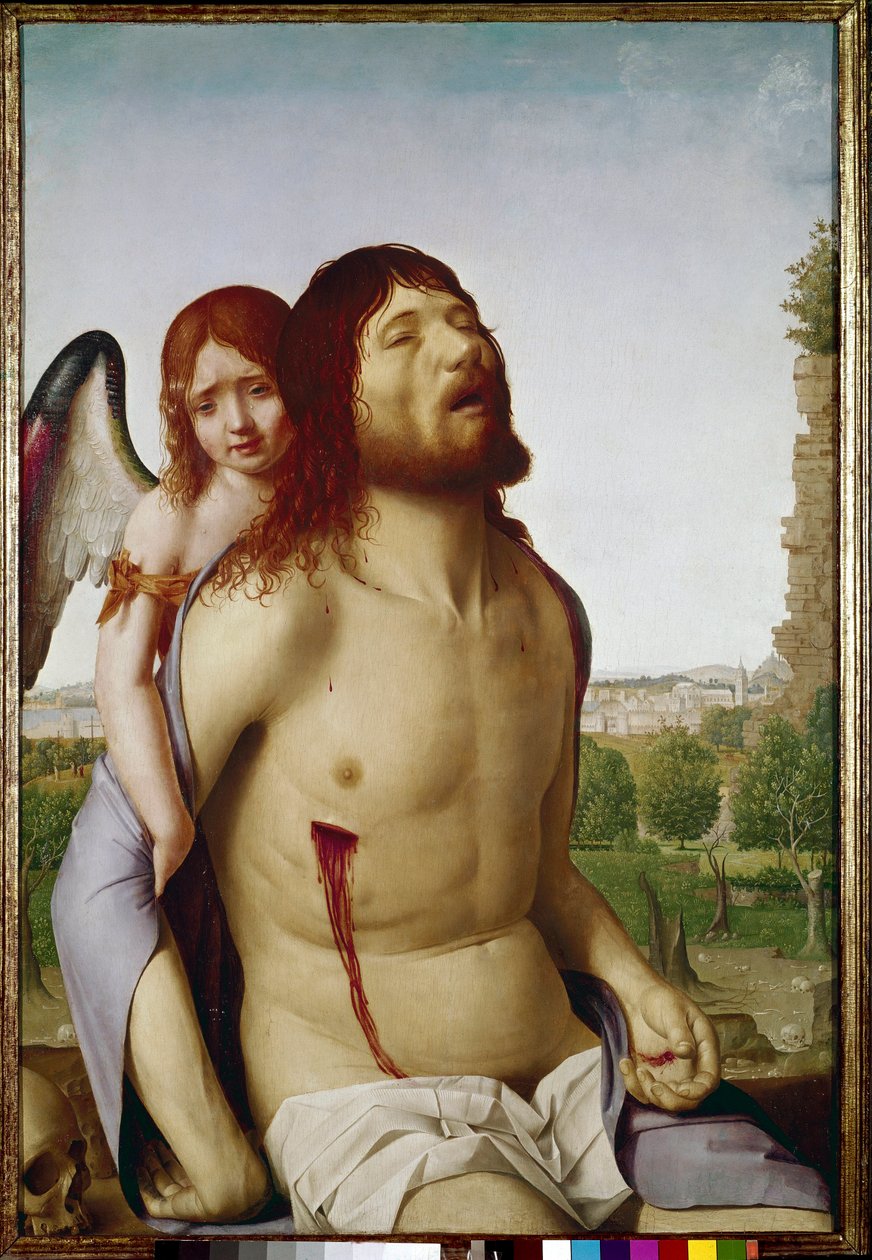 Martwy Chrystus wspierany przez anioła. (olej na desce autorstwa Antonello da Messina