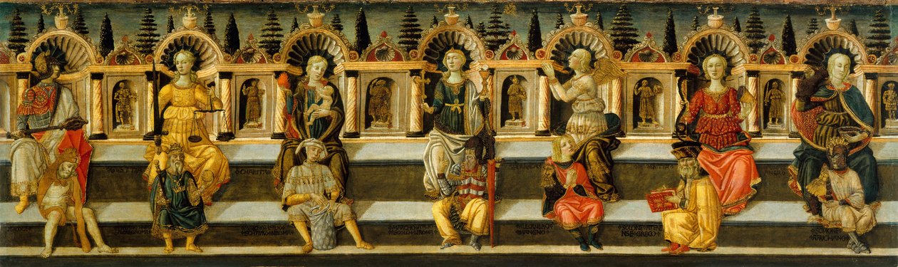 Siedem cnót - Dzieło Antonfrancesco (Anton Francesco) Guidi, zwane Scheggia (1441-1476), tempera na drewnie (49,8x159,3 cm), ok. 1467-1469 - Siedem cnót, Tempera na desce autorstwa Antonfrancesco (Anton Francesco) Guidi zwany Scheggia, ok. 1467-1469 - M autorstwa Antonfrancesco dello Scheggia