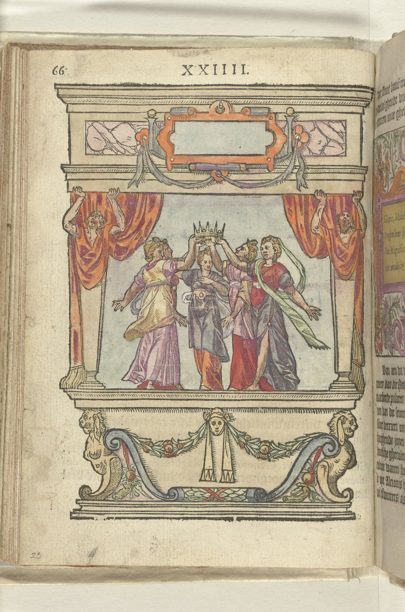 Etap, w którym personifikacje Chwały, Majestatu, Szczodrości, Wspaniałości i Skromności razem trzymają koronę, 1578 autorstwa Antoni van Leest
