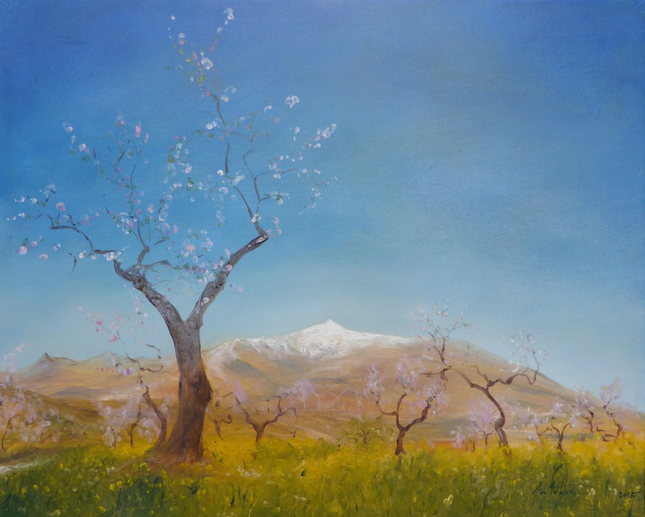 Kwiat migdałów ze śniegiem górskim Sierra Nevada, 2016 r. autorstwa Antonia Myatt