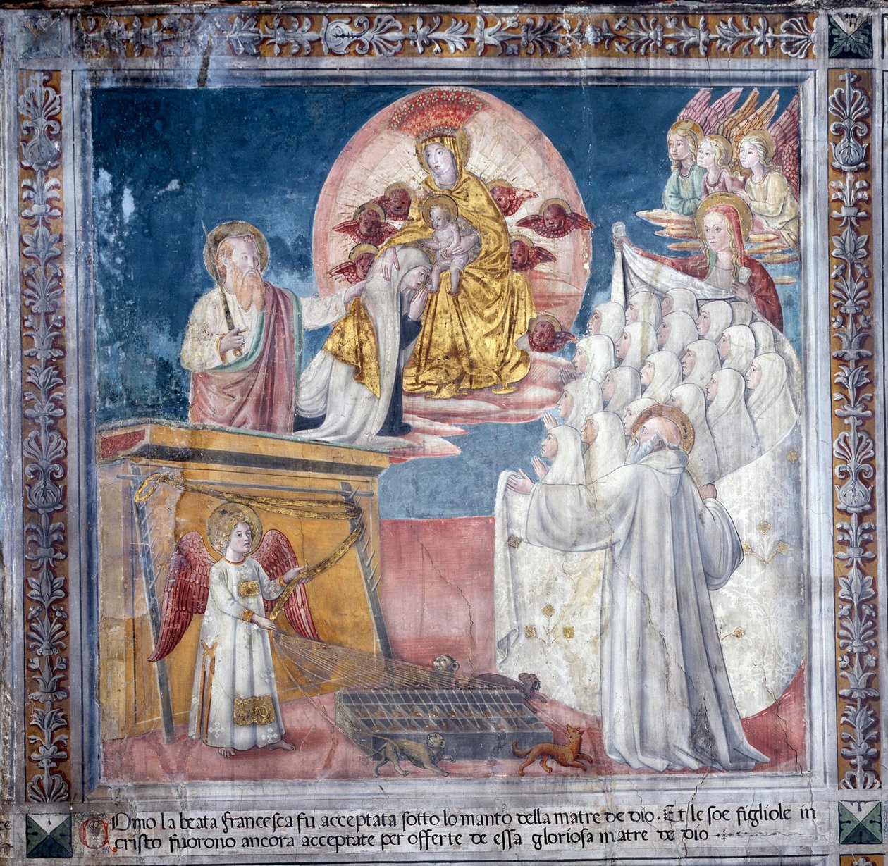 Życie św. Franceski Romany : 1 marca 1433 Francesca w wizji zostaje zabrana przez Matkę Bożą pod płaszcz autorstwa Antoniazzo Romano