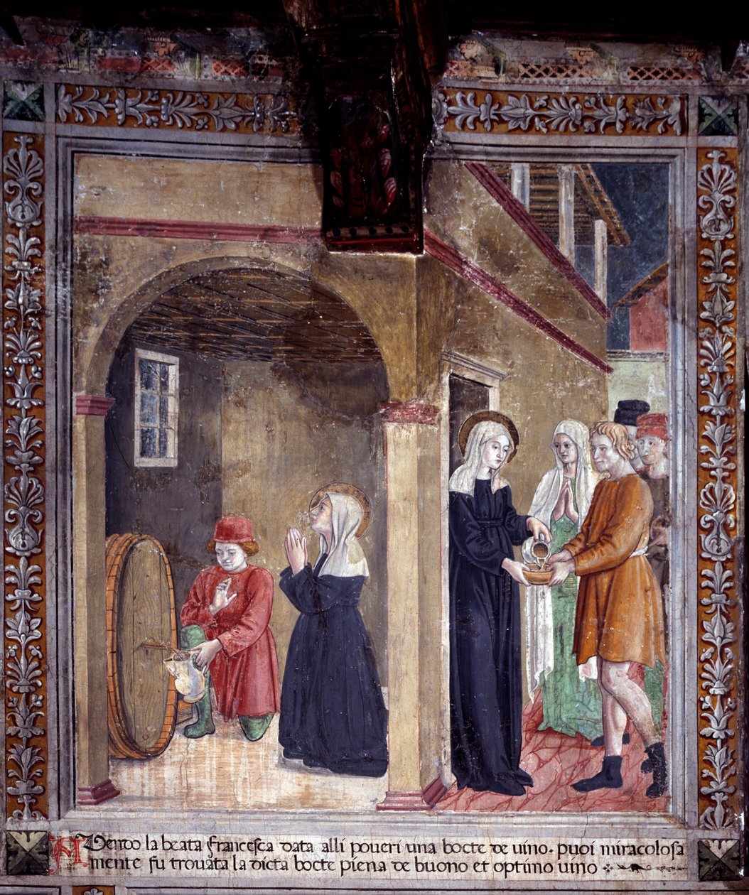 Życie św. Franceski Romany: beczka wina używana przez świętego dla ubogich jest cudownie pełna (Fresco autorstwa Antoniazzo Romano