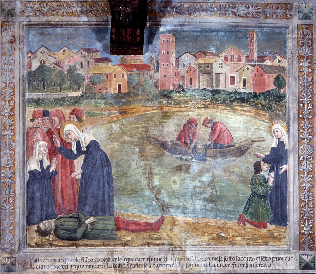 Życie św. Franceski Romany: Człowiek zostaje wskrzeszony przez świętego po utonięciu w Tybrze (Fresco autorstwa Antoniazzo Romano