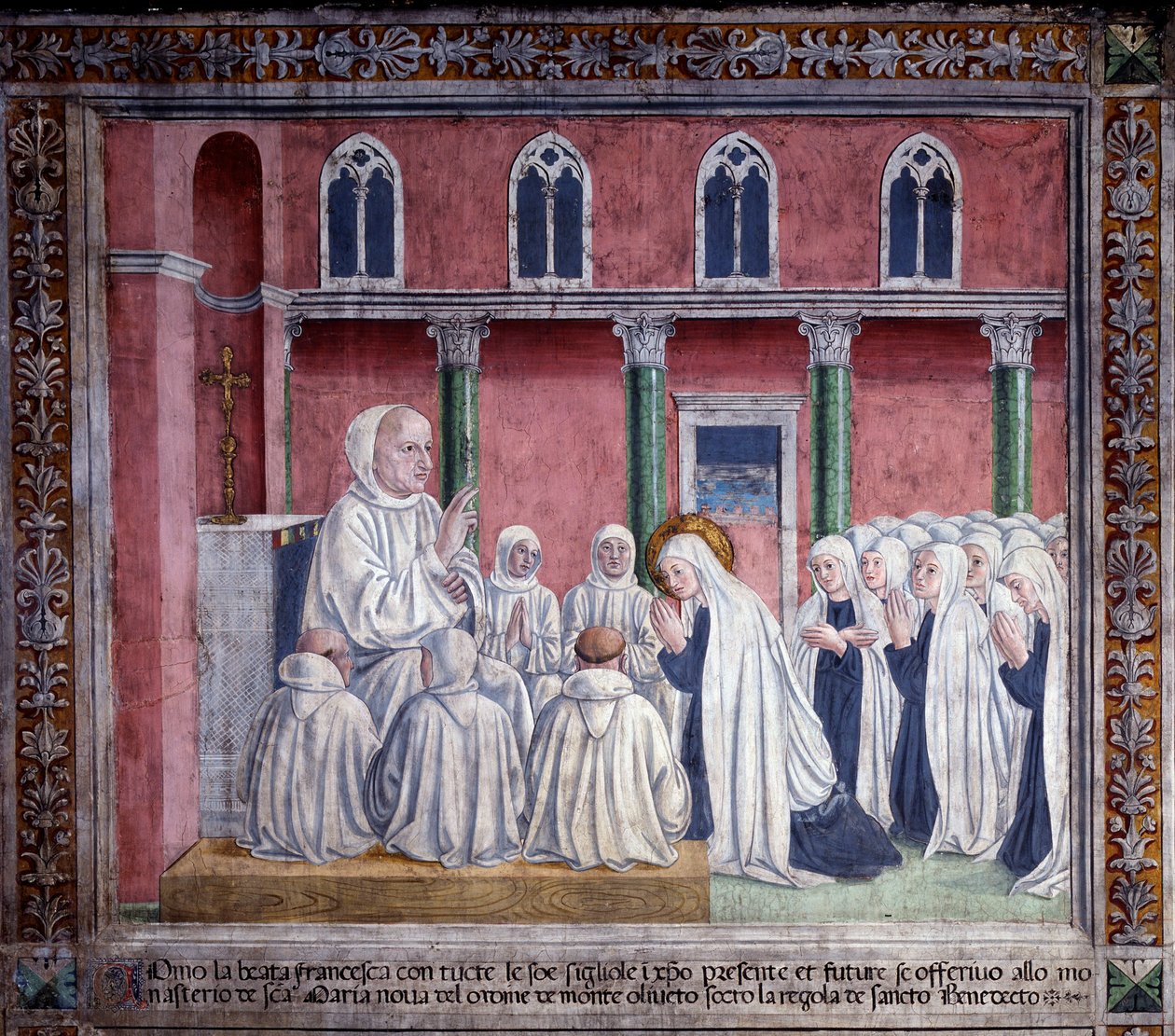 Życie św. Franceski Romany: Święci i oblaci ofiarowują się zakonowi benedyktynów i osiedlają się w kościele Santa Maria nova w Rzymie (Fresco autorstwa Antoniazzo Romano