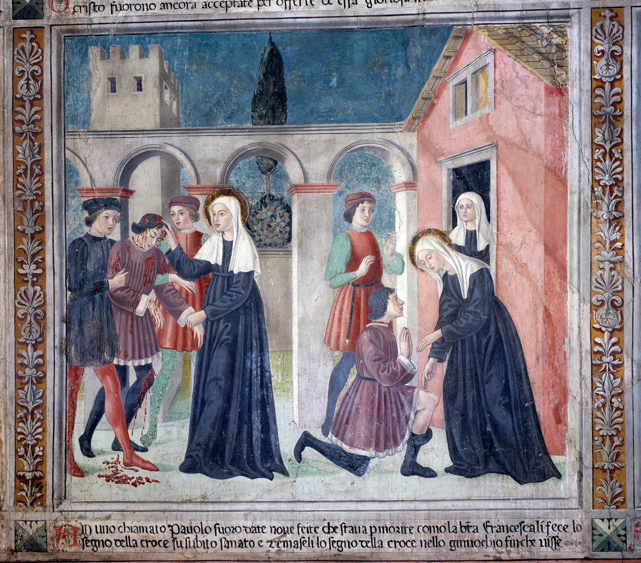 Życie św. Franceski Romany: Święta uzdrawia rannego człowieka (Fresco autorstwa Antoniazzo Romano