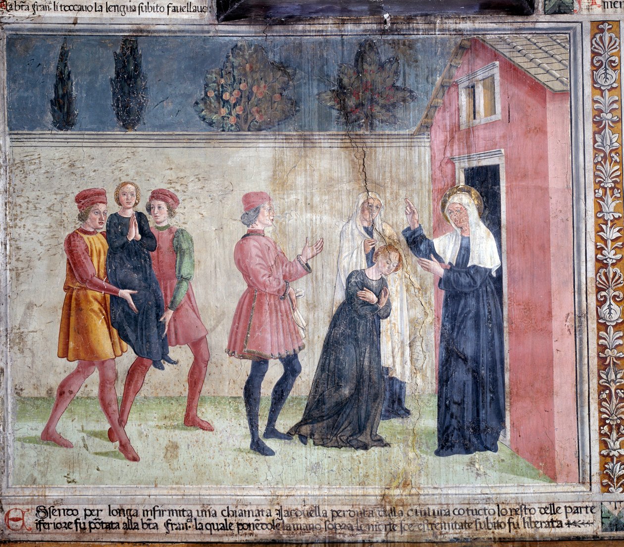 Życie św. Franceski Romany: Święty spotyka sparaliżowaną kobietę o imieniu Jacobella i obiecuje ją uzdrowić (Fresco autorstwa Antoniazzo Romano