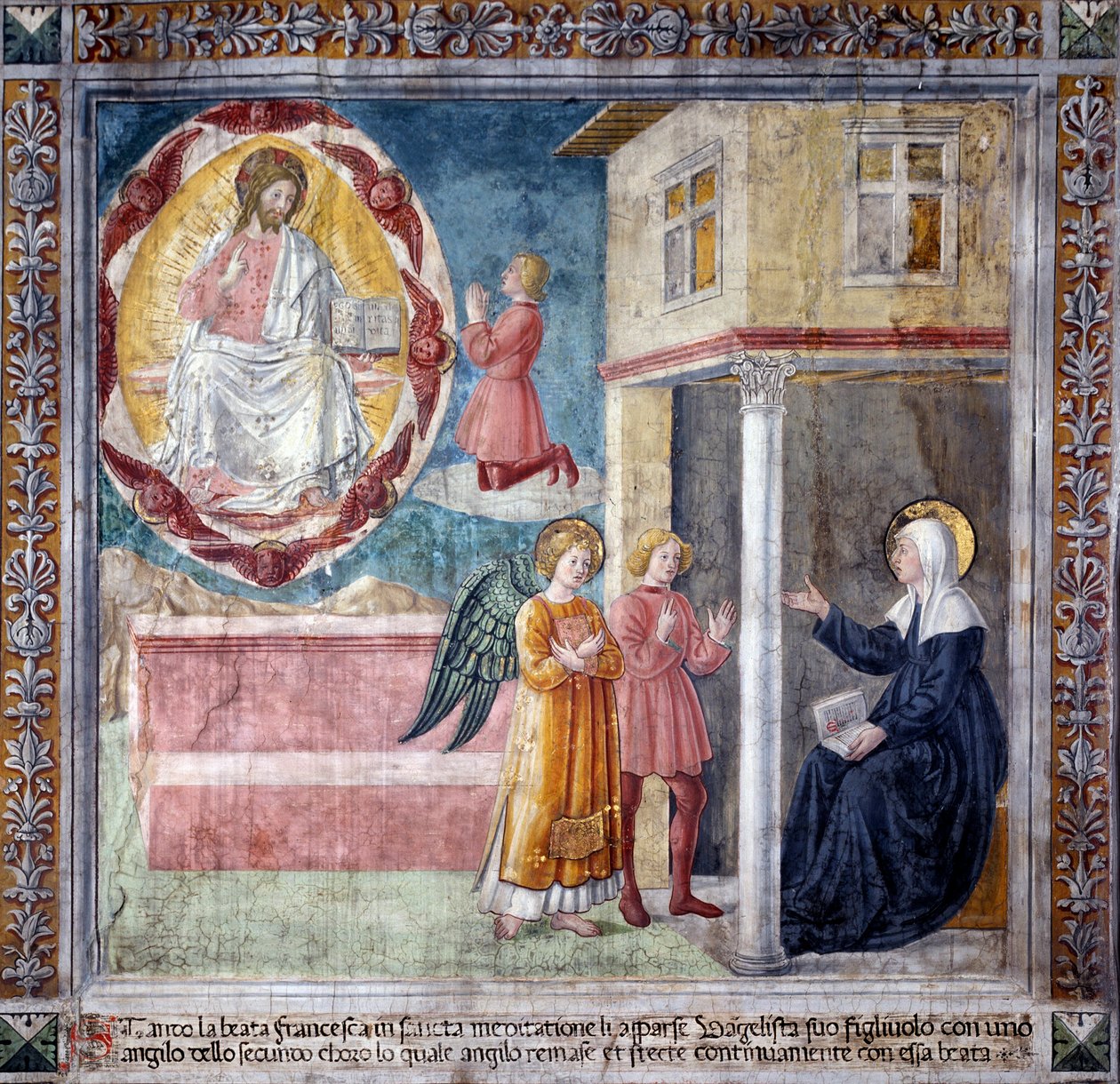Życie św. Franceski Romany : Syn świętego, zabity przez dżumę dymieniczą ukazuje się jej z aniołem (Fresco autorstwa Antoniazzo Romano