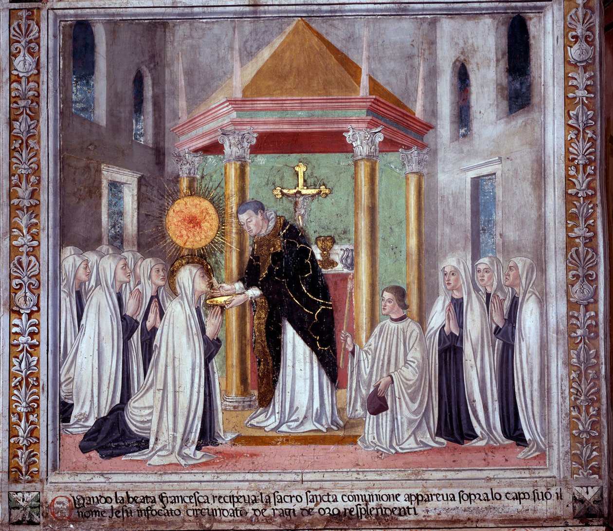 Życie św. Franceski Romany :Kiedy święta przyjmowała Komunię, nad nią pojawiła się świecąca kula (Fresco autorstwa Antoniazzo Romano