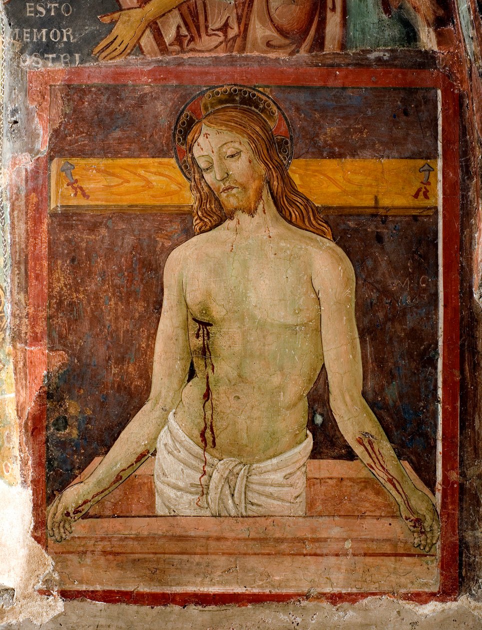Pieta Aureola Jezusa Chrystusa jest oznaczona krzyżem. Fragment fresku autorstwa Antonio Aquili detto Antoniazzo Romano (czynnego około 1461-1508) XV-wieczny klasztor św. Benoita (Sacro Speco), Subiaco (Rzym), Włochy autorstwa Antoniazzo Romano