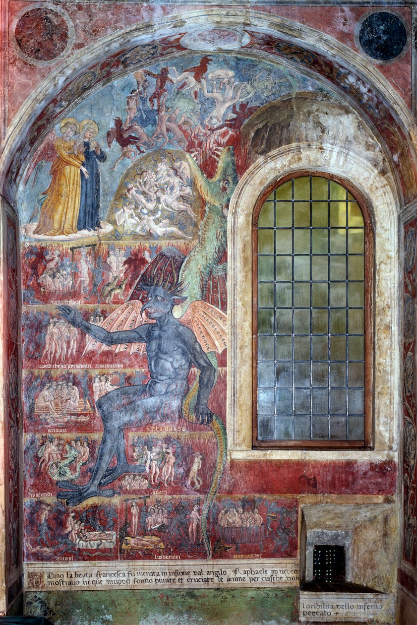 Reprezentacja piekła, diabeł siedzi wśród różnych kręgów przeklętych (Fresco autorstwa Antoniazzo Romano