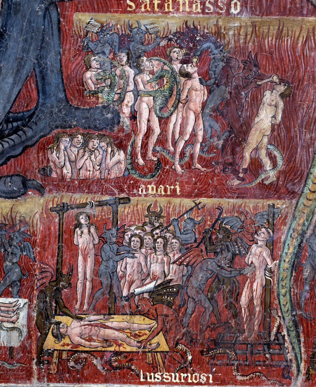 Diabeł w piekle, szczegół kręgu pożądania i chciwości (Fresco autorstwa Antoniazzo Romano