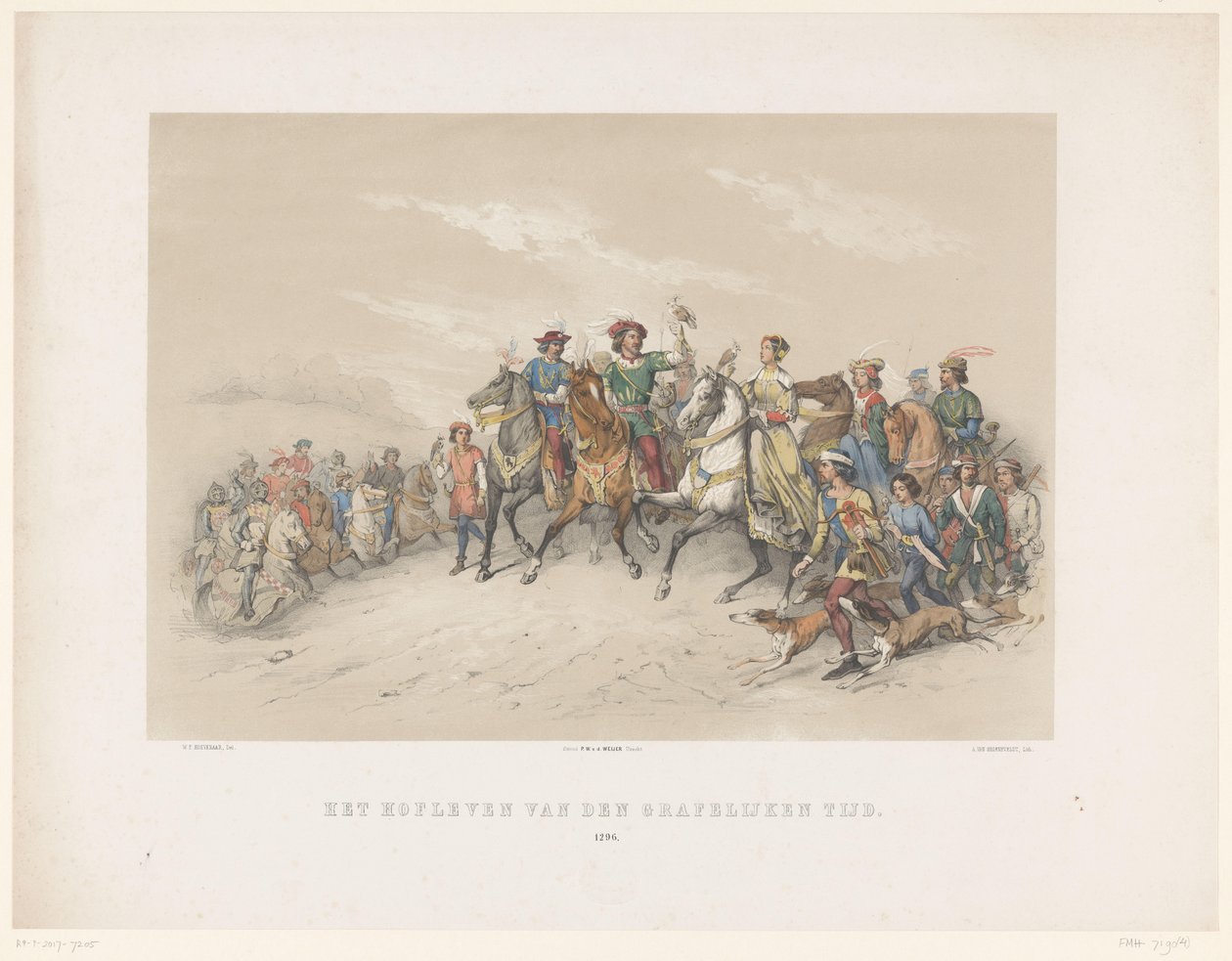 Maskarada w Utrechcie z 1851 r.: Życie dworskie w 1296 r. Życie dworskie czasów hrabiego. 1296 (tytuł na obiekcie) Historia narodowa. od najdawniejszych czasów do końca XVII wieku, w ośmiu scenach, przedstawionych w kostiumie przez H.H. Dtudente autorstwa Antonie Johannes Groeneveldt