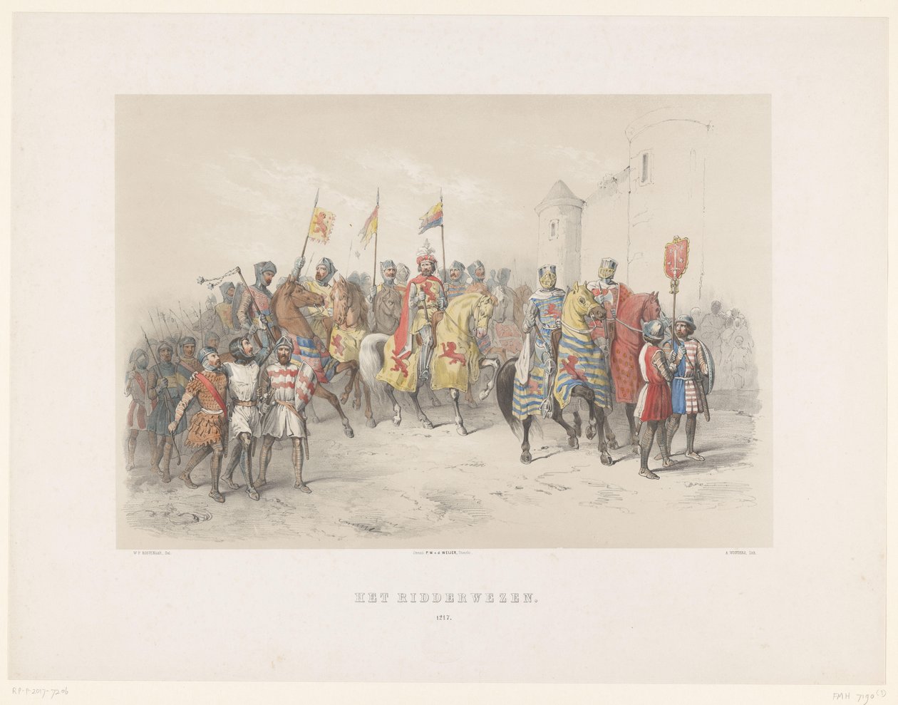 Maskarada w Utrechcie z 1851 r.: Rycerstwo, 1217 Rycerstwo, 1217 (tytuł na obiekcie) Historia narodowa. od najdawniejszych czasów do końca XVII wieku, w ośmiu scenach, przedstawionych w kostiumie przez H.H. Studenci Utrechtsche Hoo autorstwa Antonie Johannes Groeneveldt
