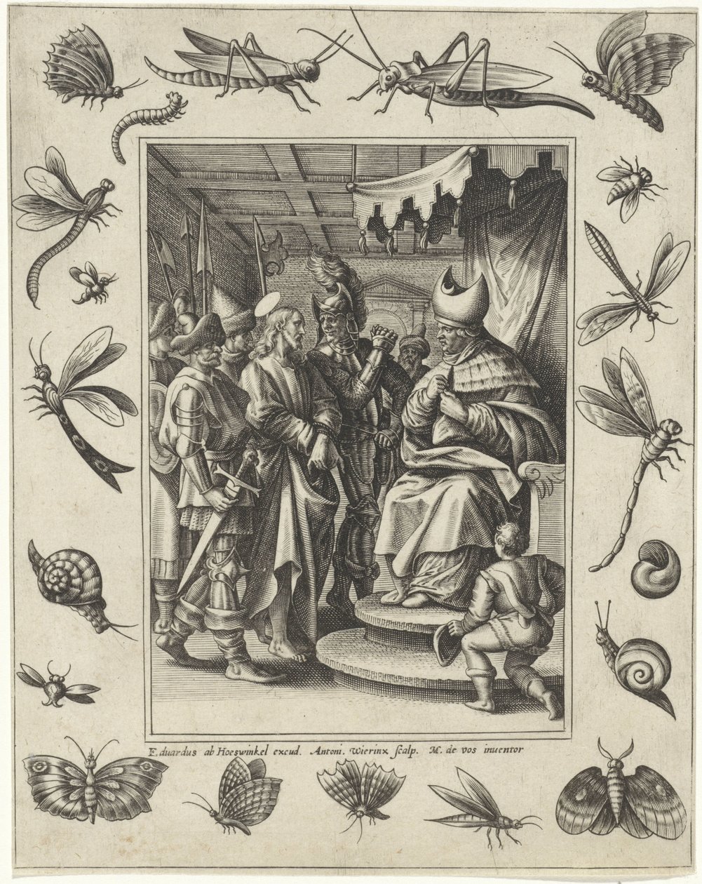 Chrystus przed Kajfaszem Pasja Chrystusa (tytuł serii) autorstwa Antonie Wierix (II)