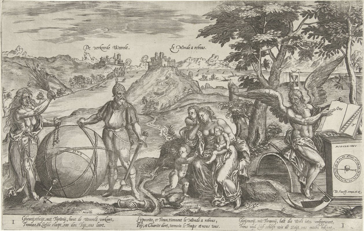 Niewłaściwy świat, 1579 Niewłaściwy Weerelt / Le Monde a rebous (tytuł na obiekcie) Alegorie sytuacji politycznej w Holandii w latach 1576-1579 (tytuł serii) autorstwa Antonie Wierix (II)