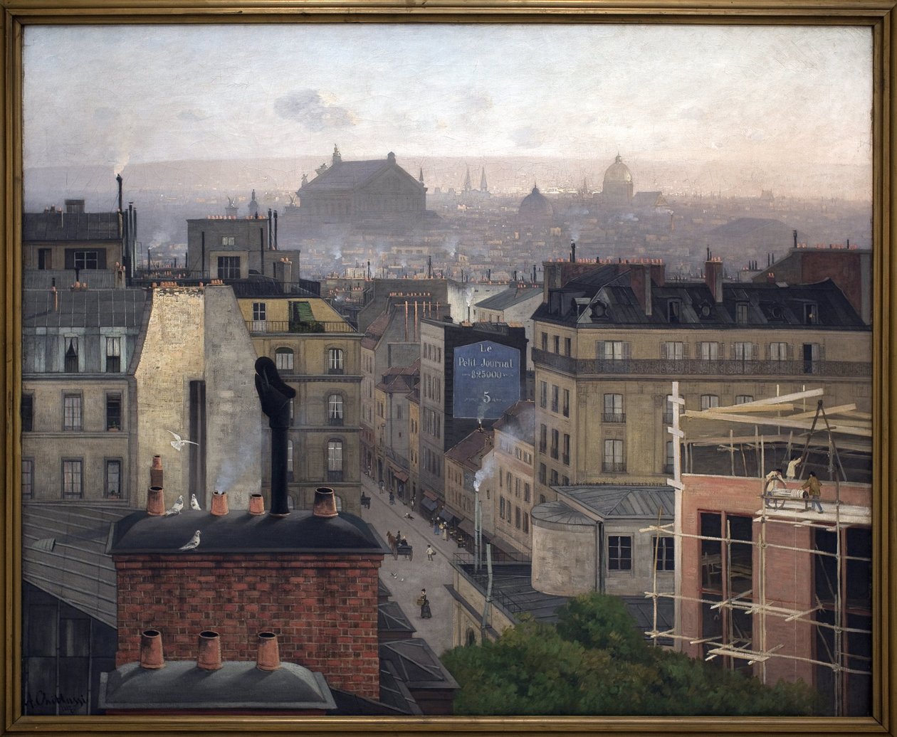 Paryż widziany z Montmartre. Na ścianie jednego z budynków reklama „Małej Gazety”. Obraz Antonina Chitussiego (Chittussi) (1847-1891), olej na płótnie autorstwa Antonin Chittussi