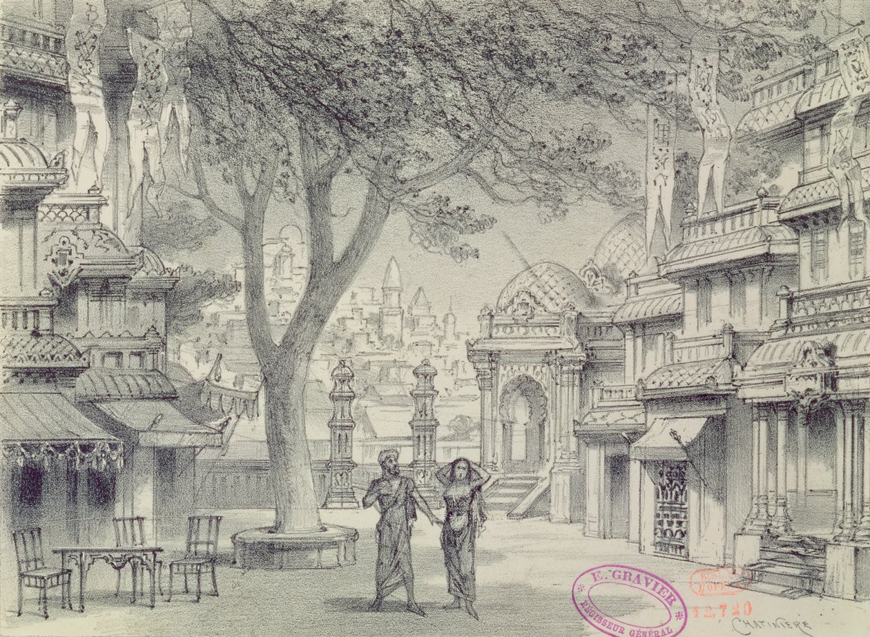 Scenografia do II aktu opery Lakme autorstwa Leo Delibesa (1836-91) autorstwa Antonin Marie Chatiniere