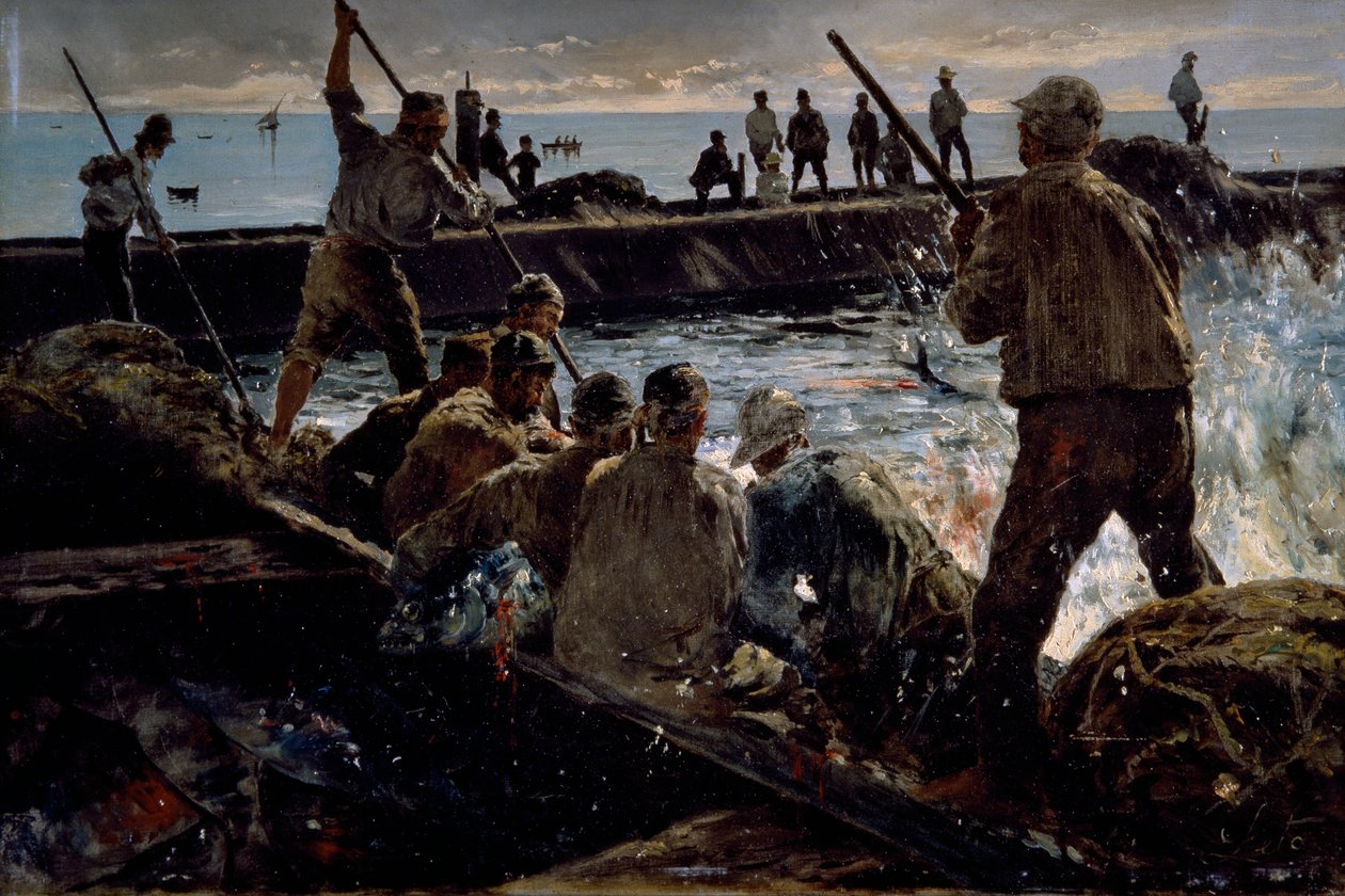 Ubój tuńczyka, obraz Antonino Leto (1844-1913), olej na płótnie, 41x62 cm autorstwa Antonino Leto