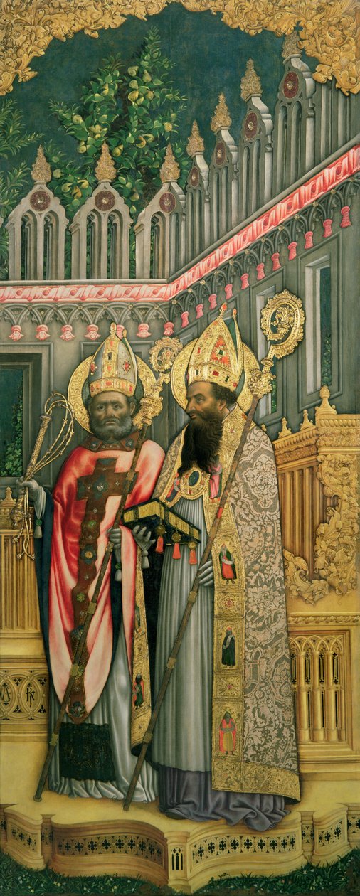 Ambroży i Augustyn, prawy panel z obrazu Dziewica w tronie ze świętymi Jeromeuszem, Grzegorzem, Ambrożym i Augustynem, 1446 (po renowacji) (zob. 160893-99) autorstwa Antonio Vivarini