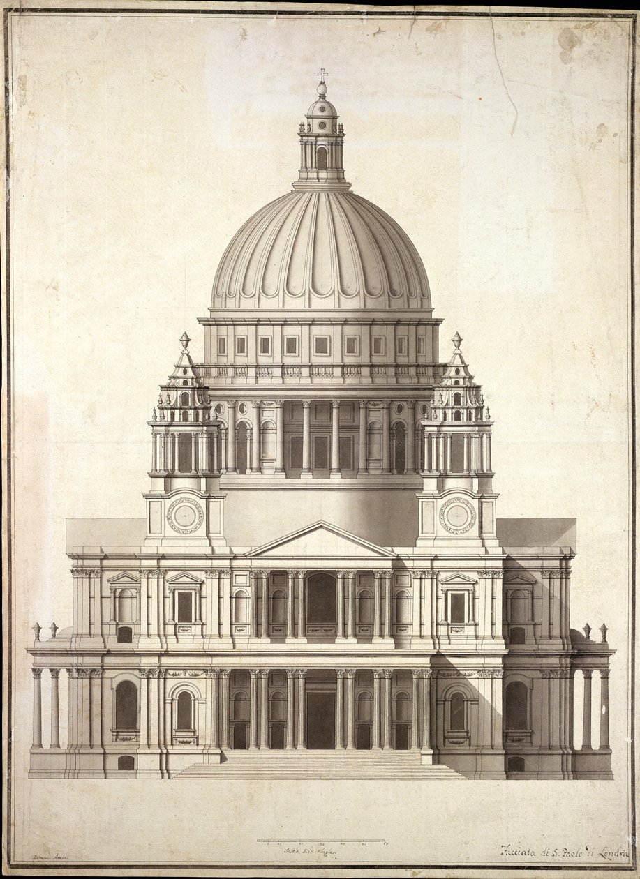 Katedra św. Pawła, ok. 1700 (pióro i atrament i toaleta na papierze) autorstwa Antonio Adami