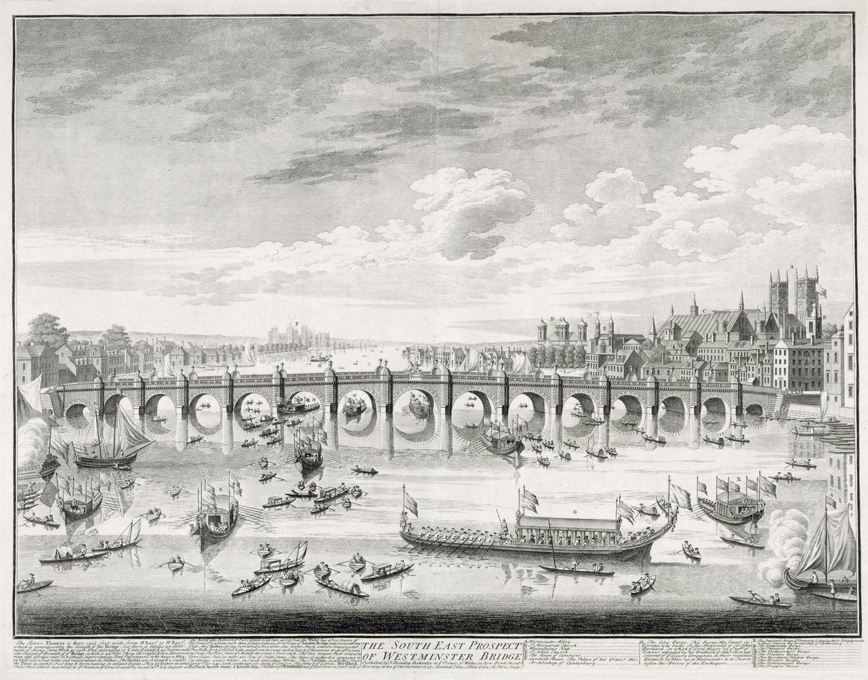 Południowo-wschodnia perspektywa Westminster Bridge - Łodzie przybywające do Parlamentu na zaprzysiężenie Sir Johna Barnarda (1685-1764) na Lorda Burmistrza Miasta Londynu, 1747, rytowane przez R. Parra (1723-p. autorstwa Giovanni Antonio Canal
