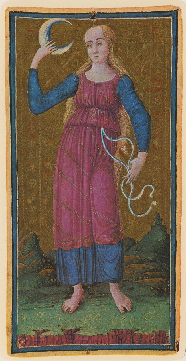 Księżyc, fascimile karty tarota z talii Visconti, 1441-47 autorstwa Antonio Cicognara