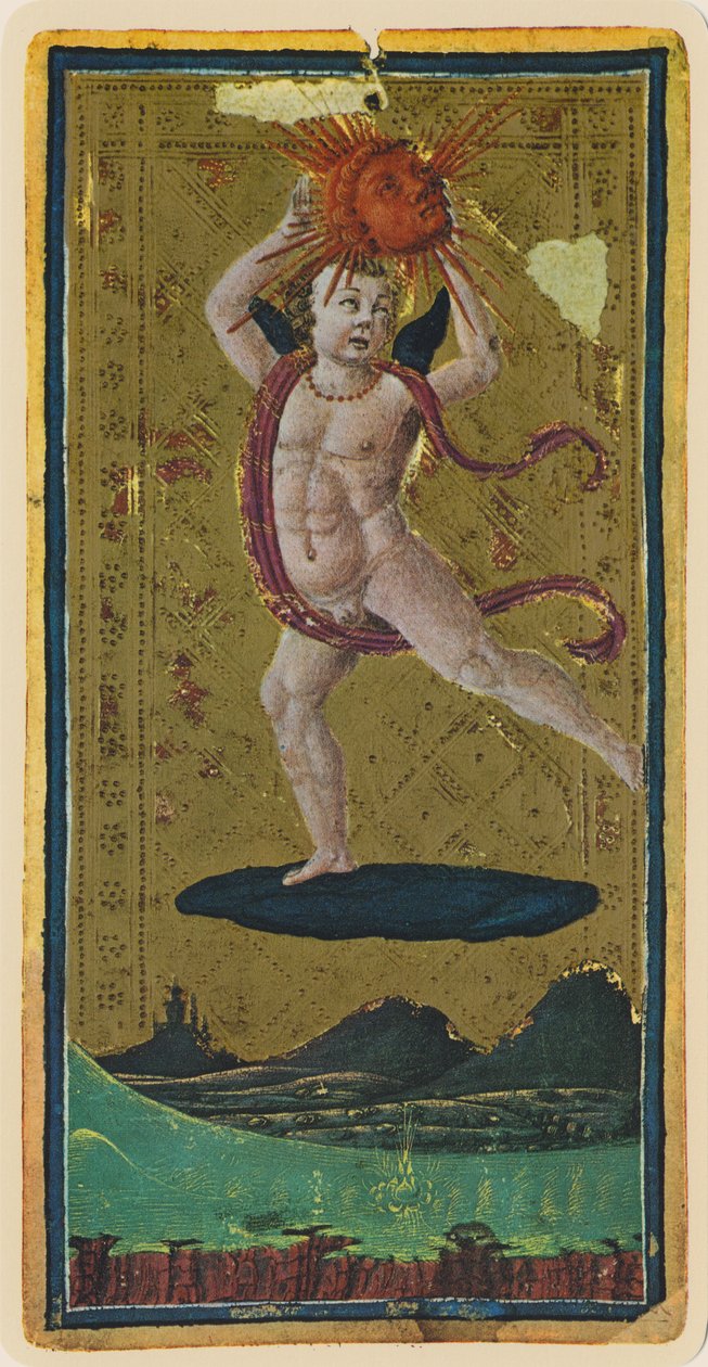 Słońce, faksymile karty tarota z talii „Visconti”, 1441-47 autorstwa Antonio Cicognara