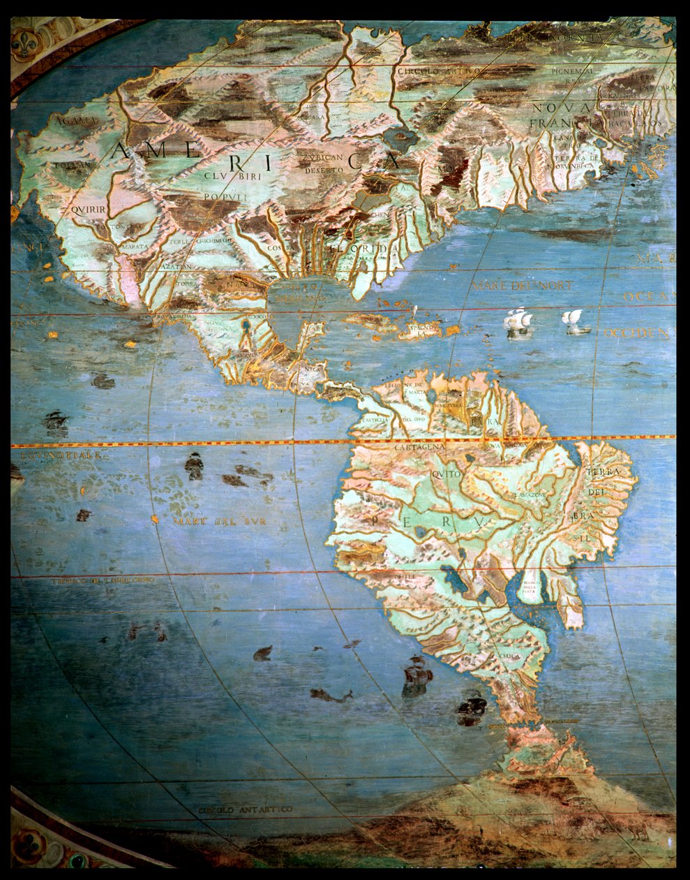 Mapa Ameryki Północnej i Południowej, z „Sala Del Mappamondo” (Sala Map Świata, c.1574-75 autorstwa Antonio Giovanni de Varese