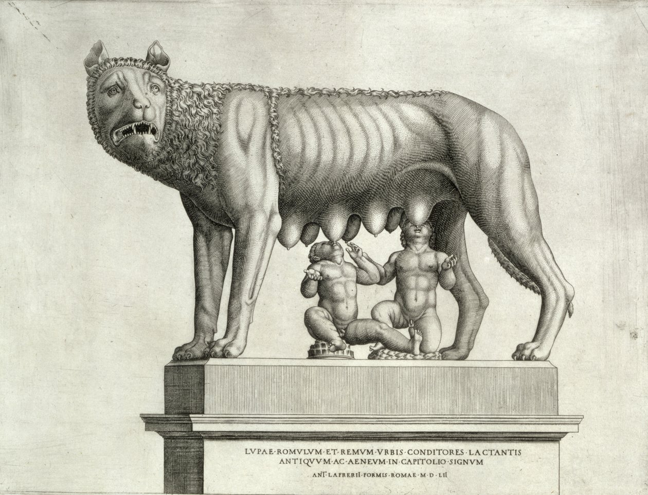 Rysunek z brązu etruskiego przedstawiający wilczycę karmiącą piersią Romulusa i Remusa, V wiek p.n.e., w Muzeum Kapitolińskim, 1552 autorstwa Antonio Lafreri